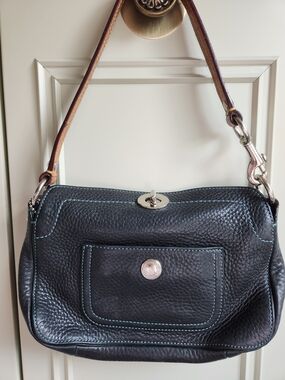 NWOT COACH Small Pebbled Leather HOBO Bag in Black with Blue Contrast Stitching